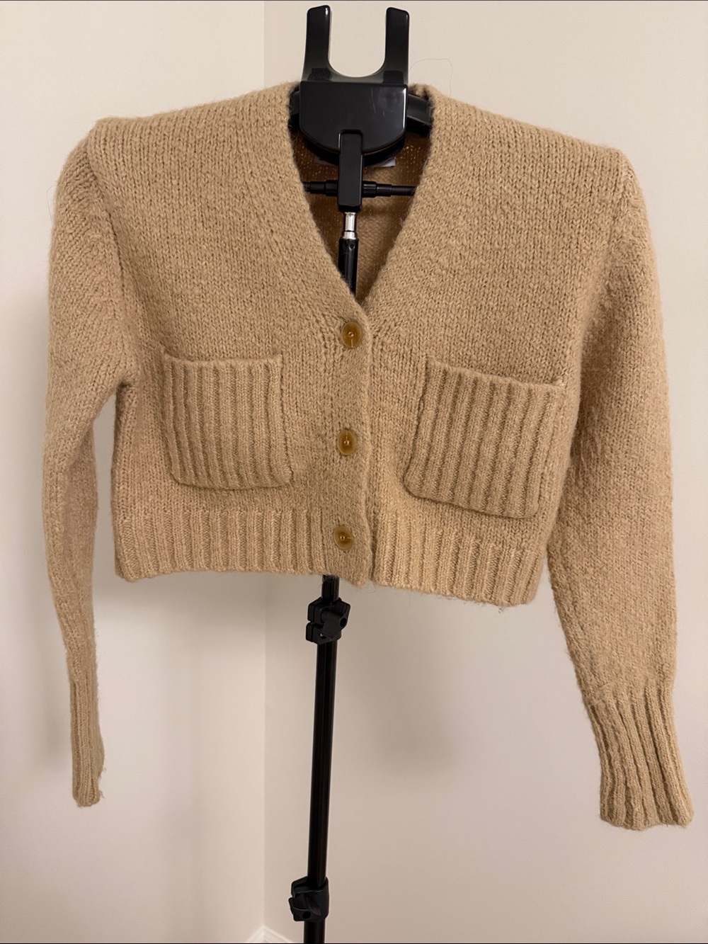Zara Cropped Button-Front Pocket Cardigan - Camel Beige